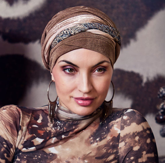 Turban Boho en coton et polyamide, doux et léger, parfait pour pelade ou chute de cheveux après chimio, confortable toute la journée.