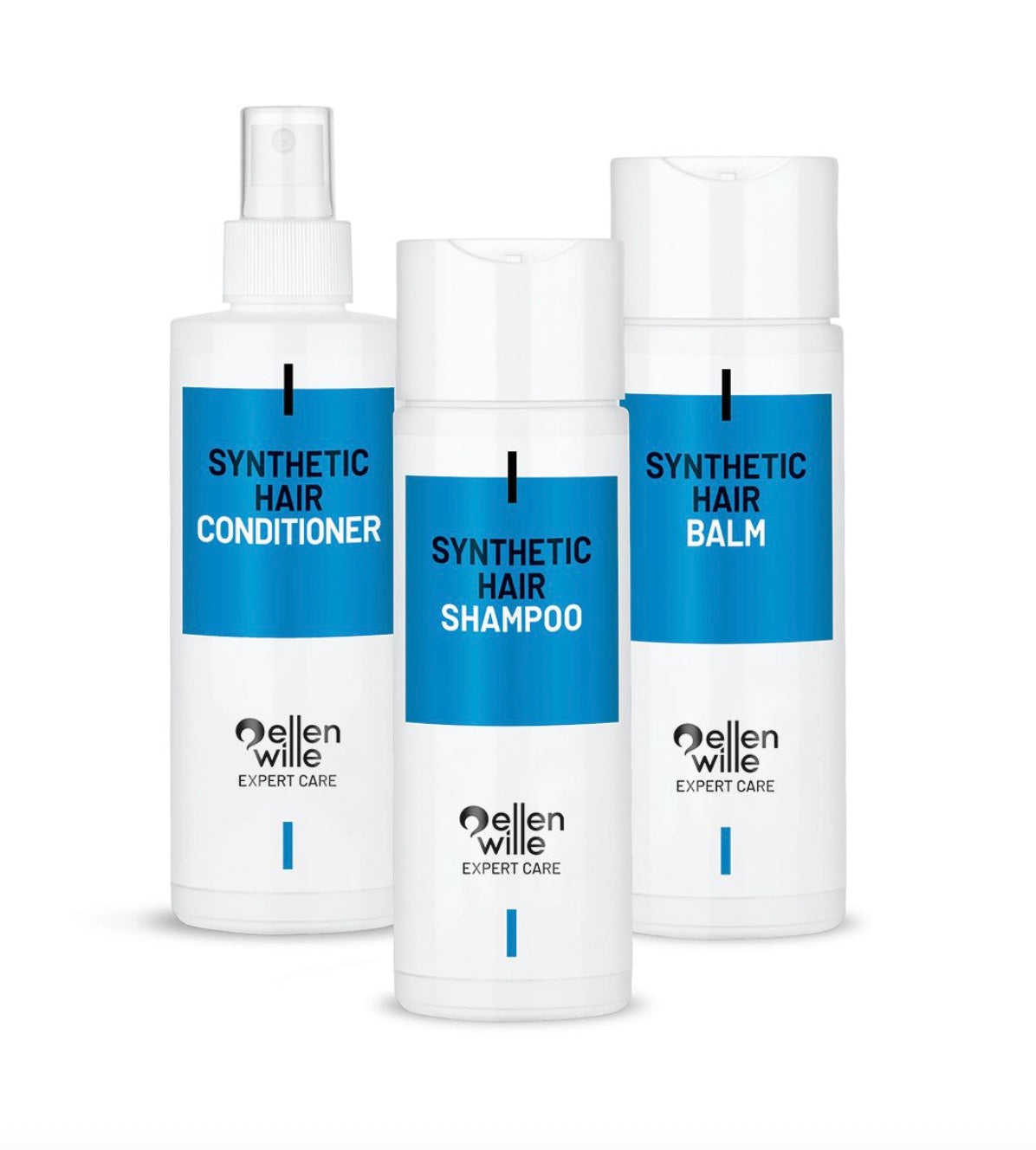Kit complet de soin Ellen Wille pour perruques synthétiques : shampooing 200 ml, baume 200 ml et spray 200 ml.