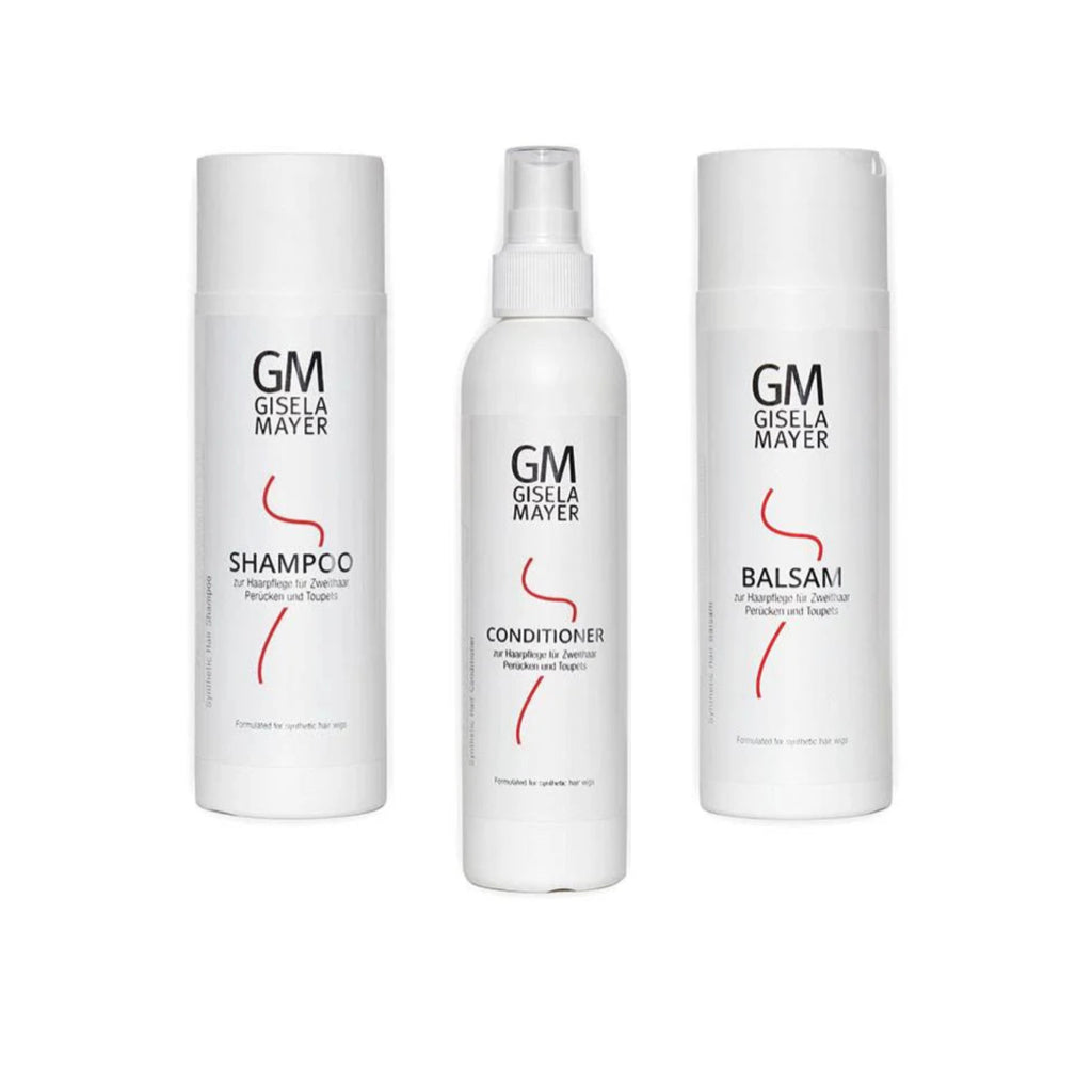 Kit de soin Gisela Mayer pour perruque en fibre synthétique, comprenant shampooing 200ml, baume 200ml et spray 200ml pour entretien, brillance et protection optimaux.