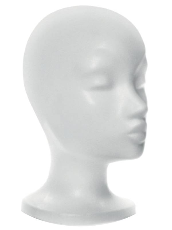 Tête en polystyrène pour perruques femme, idéale pour stockage et coiffage. Maintien optimal, protège les fibres et pratique au quotidien