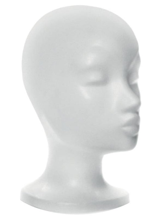 Tête en polystyrène pour perruques femme, idéale pour stockage et coiffage. Maintien optimal, protège les fibres et pratique au quotidien