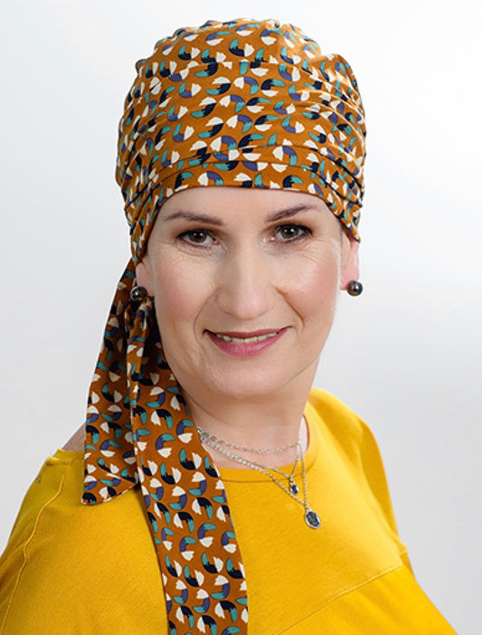 Turban chimio Teresa marron à pan long, élégant et confortable, parfait pour alopécie, chimiothérapie ou style quotidien.