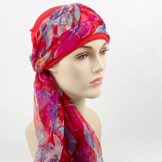 Bonnet chimio foulard intégré fabriqué en Vendée Fleurs multicolores -  Abracadabracreations
