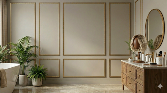 Bonne pratique d'entretien : Prothèse capillaire haut de gamme posée sur un support adapté dans une salle de bain, évitant ainsi les nœuds et les déformations.