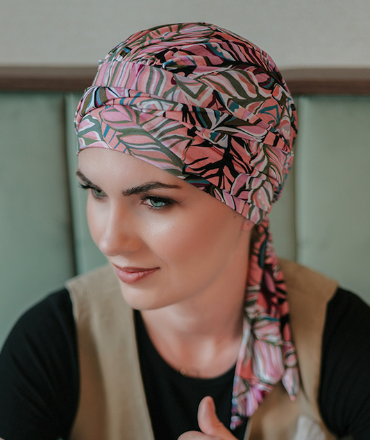 Bonnet chimio Amy Bambou Rose floral Lidia, pour chimiothérapie et alopécie