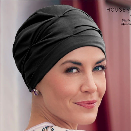 Le bonnet chimio Ankaa Onyx, léger et respirant, régule la température du cuir chevelu et masque pelade ou perte de cheveux due à une chimio.