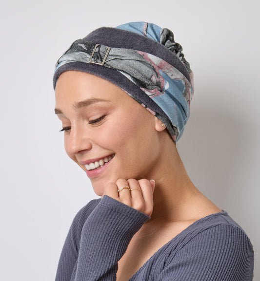 Bonnet chimio Champs Elysées Marbré Bleu Gris NJ Création, pour chimiothérapie et alopécie
