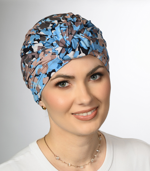 Bonnet chimio Dona Bleu Floral Lidia, pour chimiothérapie et alopécie