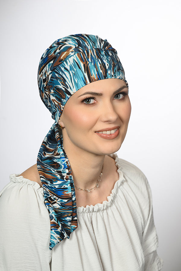 Bonnet chimio Miriam Bleu Océan Lidia, pour chimiothérapie et alopécie