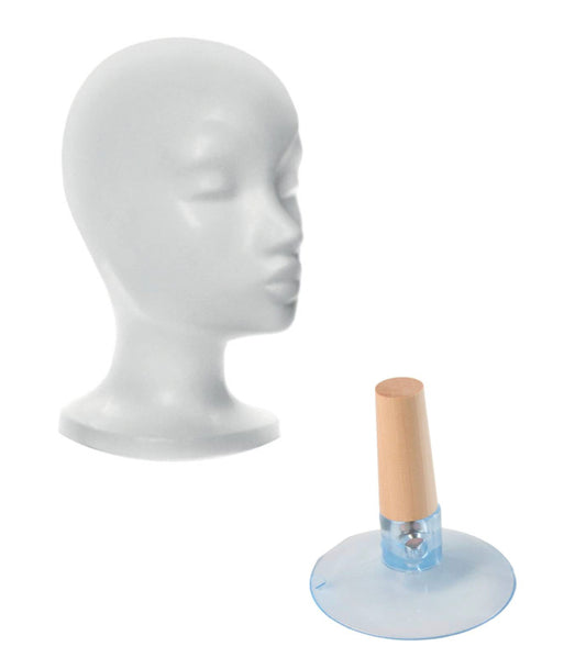 Kit tête en polystyrène avec ventouse, parfait pour exposer ou coiffer votre perruque femme en toute stabilité.
