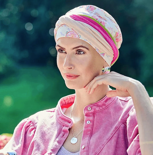 HocShakti – Turban chimio élégant pour pelade ou alopécie, doux, respirant et modulable pour plus de style et de volume.

