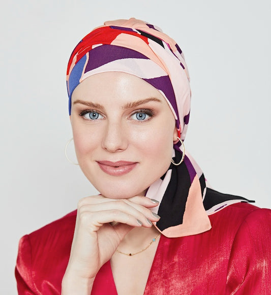 Turban chimio Nola Long Gisela Mayer, doux et confortable, maintien parfait après alopécie ou perte de cheveux.
